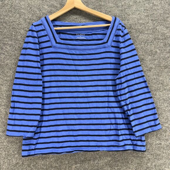 Talbots T-Shirt Women XL Blue Striped Square Neck Long Sleeve Cotton Casual - Picture 1 of 6